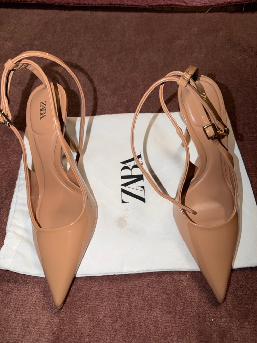 ZARA Nude Patent Pointed Slingback Heels